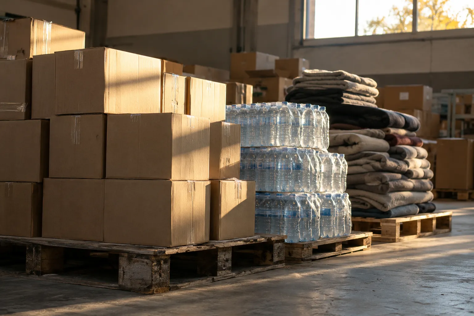 Boxes, bottled water, and folded blankets stacked on pallets in a warehouse.